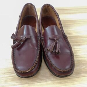 Vintage Burgundy Tassel Loafer Womens 8.5 M Apron Toe Side Lace Leather Flats‎